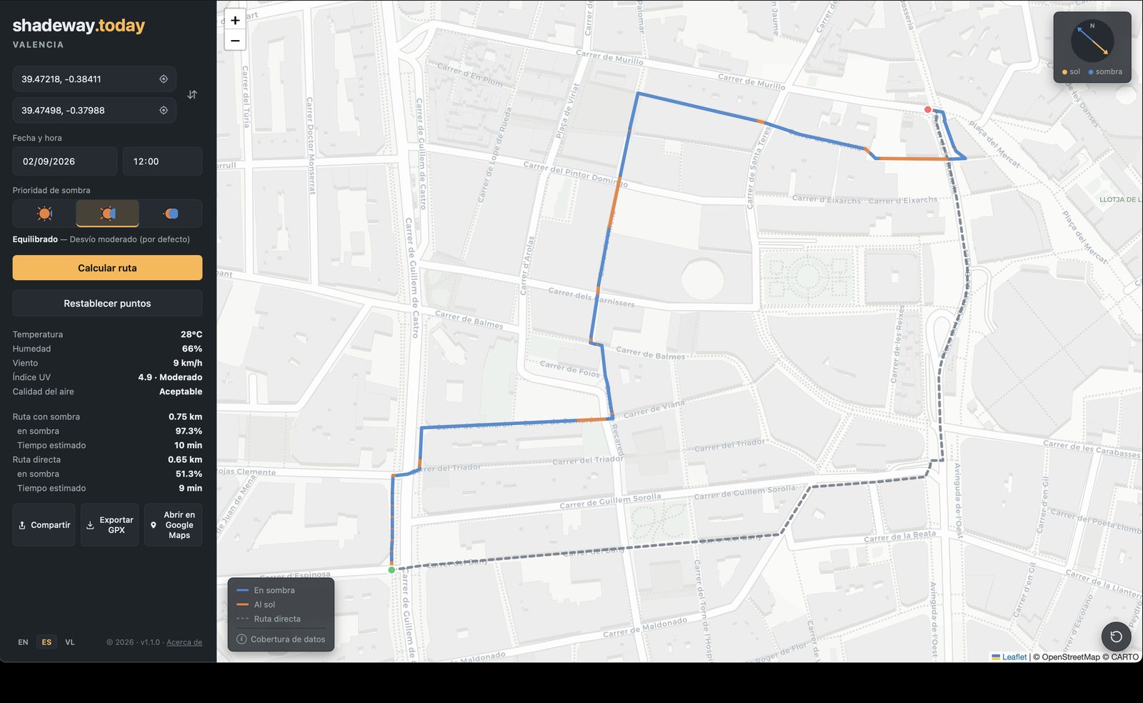 Comparación entre la ruta directa y la ruta sombreada en el centro histórico de València, en la versión de escritorio