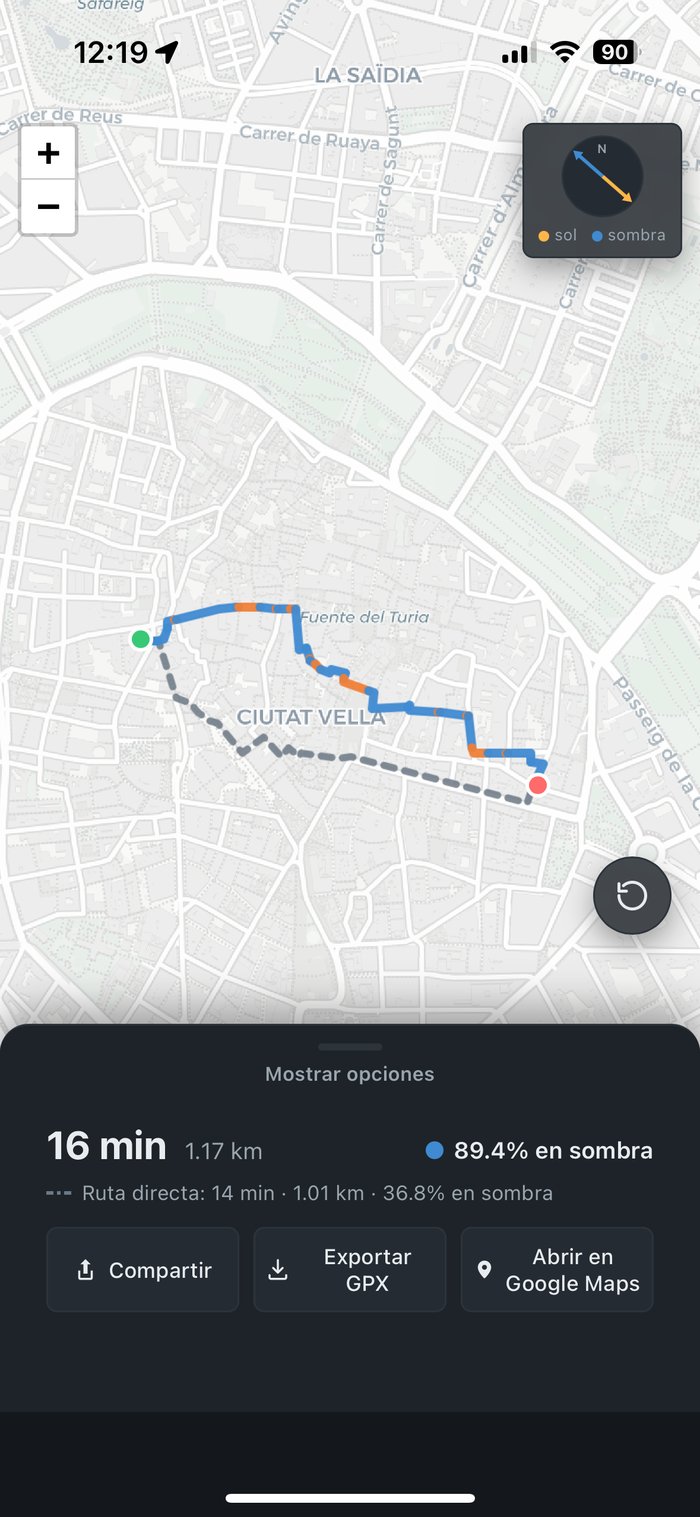 La aplicación en el móvil, mapa con la ruta trazada