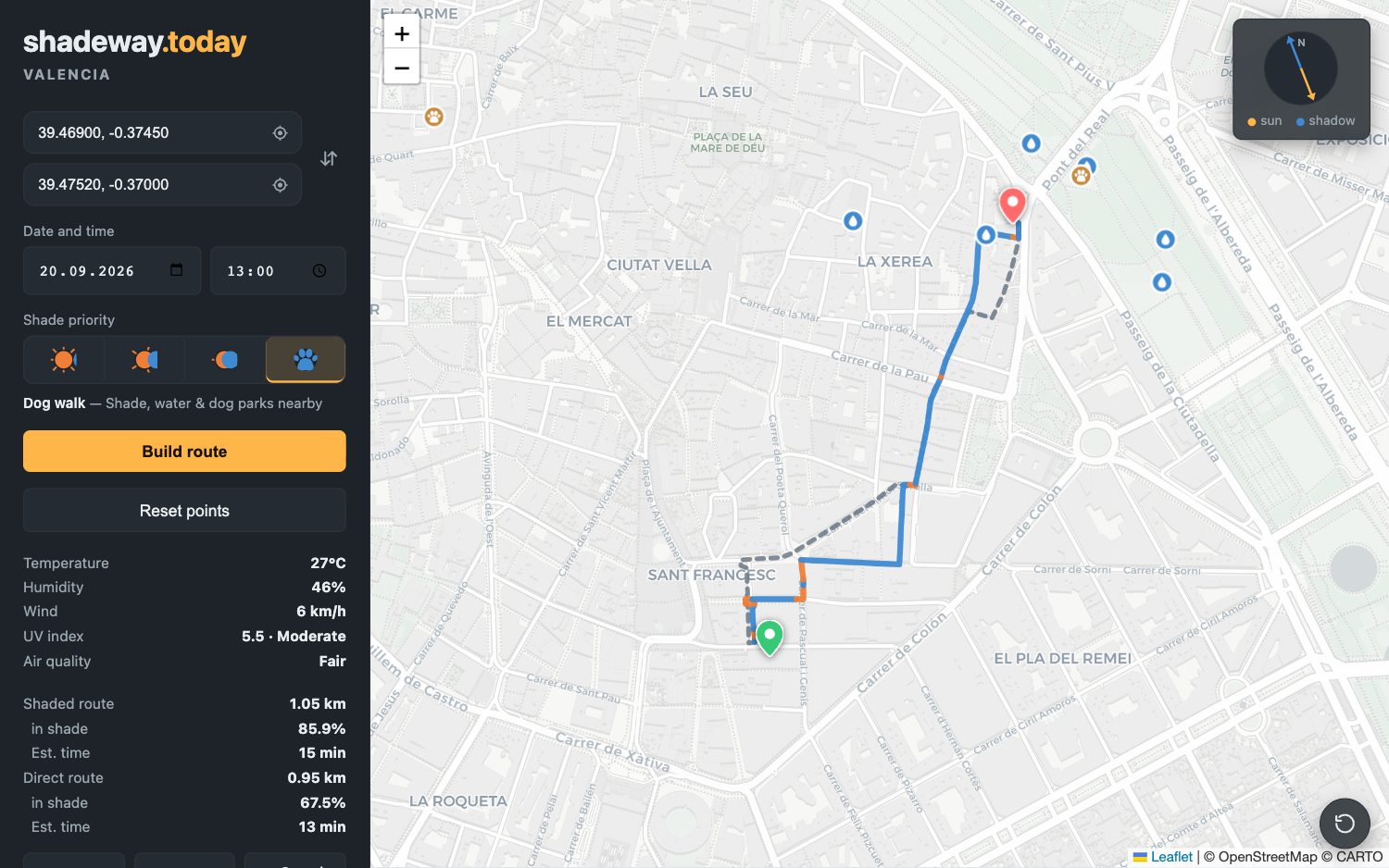 shadeway.today map showing a Dog walk route in Valencia, with drinking fountains and dog parks marked near the destination